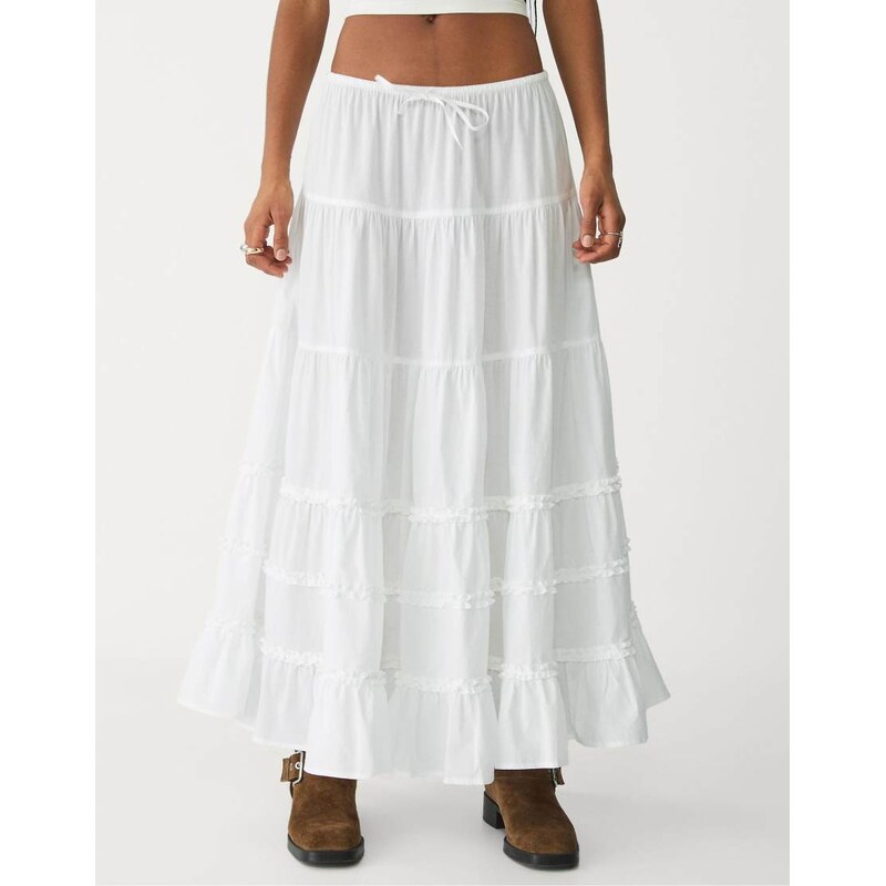 Stradivarius Ruffled long skirt in white