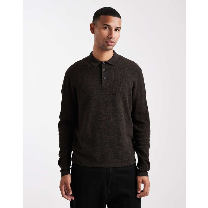 Jack & Jones knitted long sleeve polo in brown