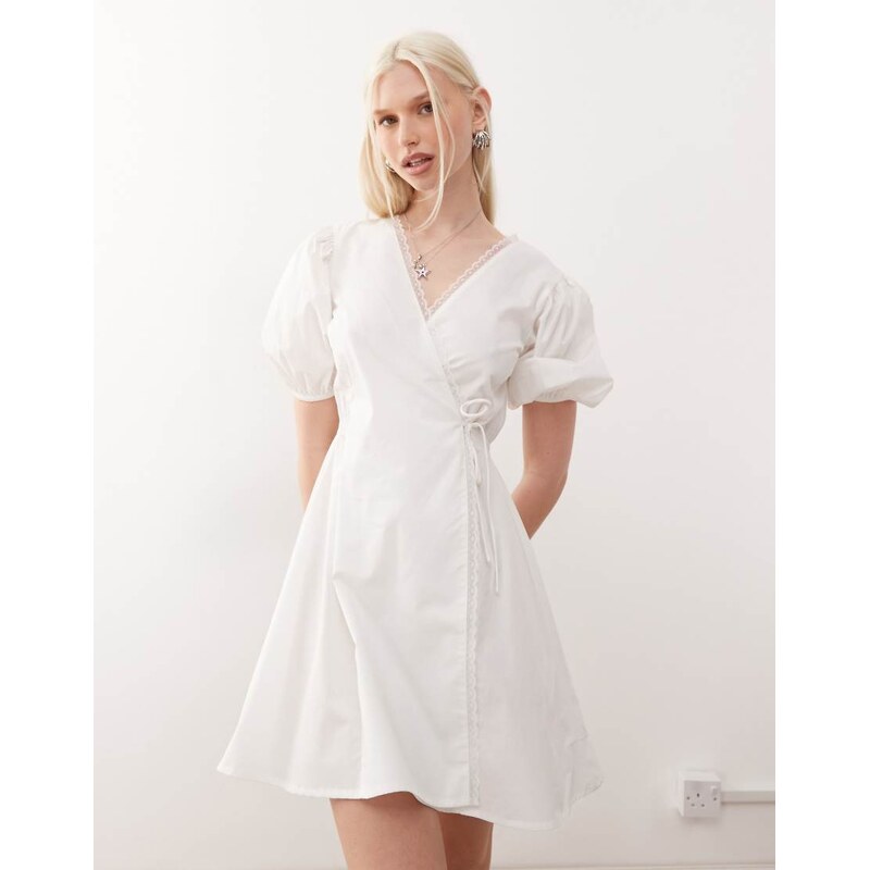 COLLUSION wrap lace edge mini dress in white