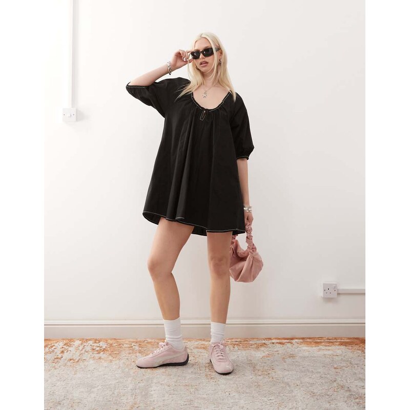 COLLUSION swing puff sleeve mini smock dress in black 107721678