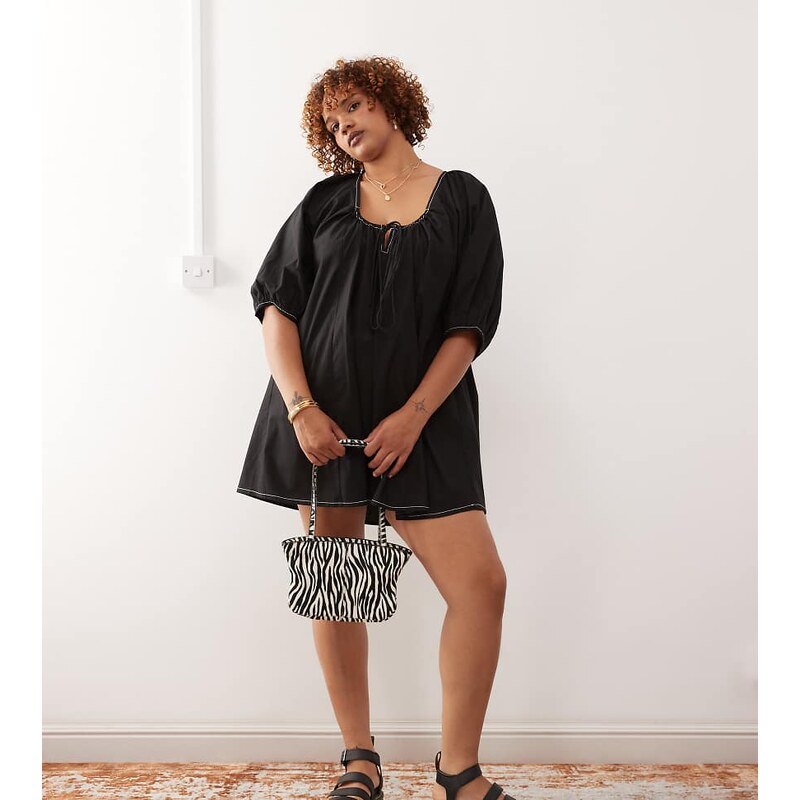 COLLUSION Plus swing puff sleeve mini smock dress in black 107721681