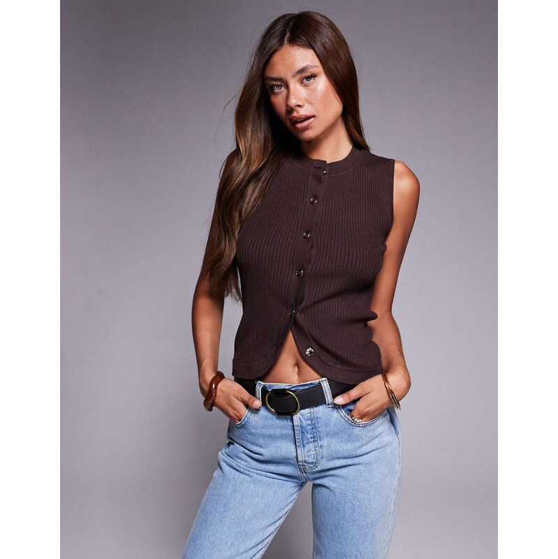 River Island ribbed button front top in brown 107726312