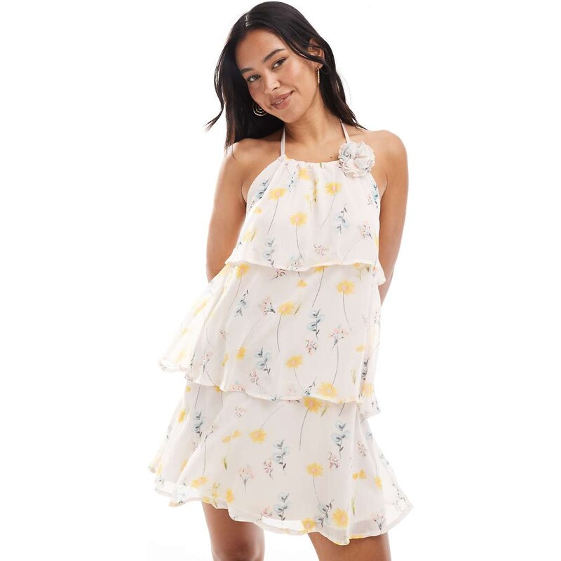 Pieces ruffle tiered mini dress with corsage detail in pale pink