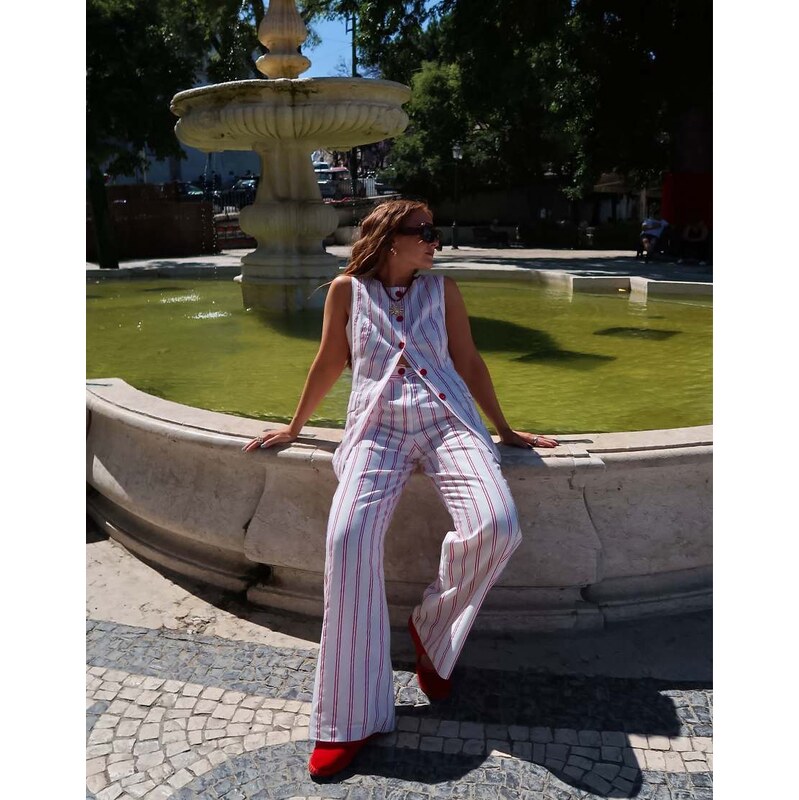Labelrail x Rebecca Olivia striped straight leg twill trouser co