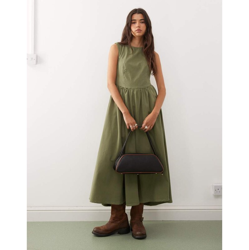 Reclaimed Vintage tie back denim midi dress in washed olive