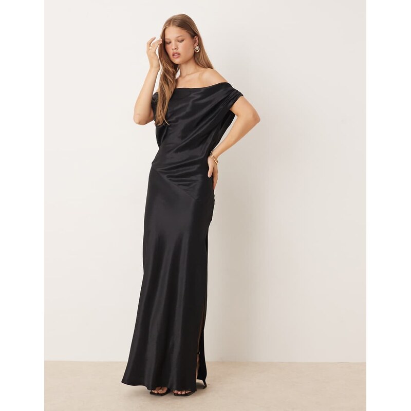 ASOS DESIGN drape off shoulder maxi dress in black-White