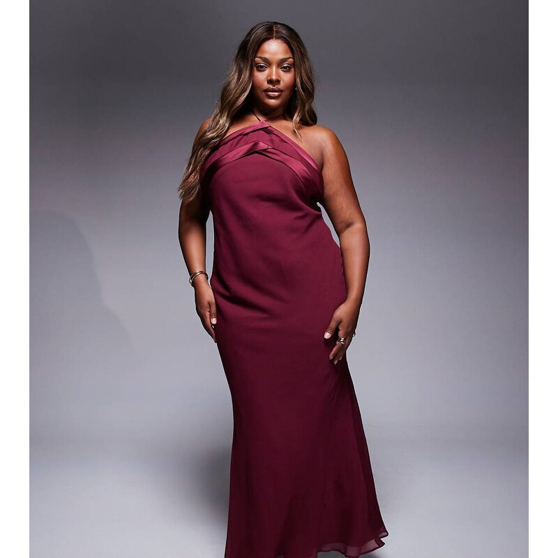 ASOS Curve ASOS DESIGN Curve satin tape halter maxi dress in burgundy 109615219
