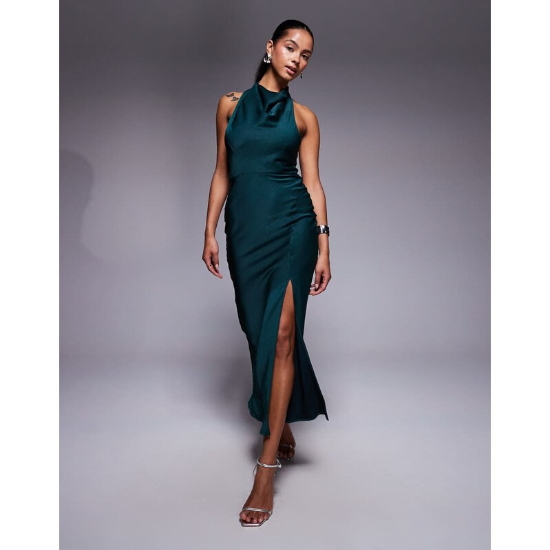 ASOS DESIGN satin high neck midi dress with cross strap detail