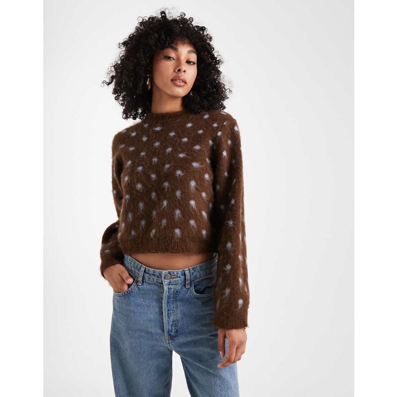 ASOS DESIGN brushed knitted jumper in chocolate and blue polka dot 113263089