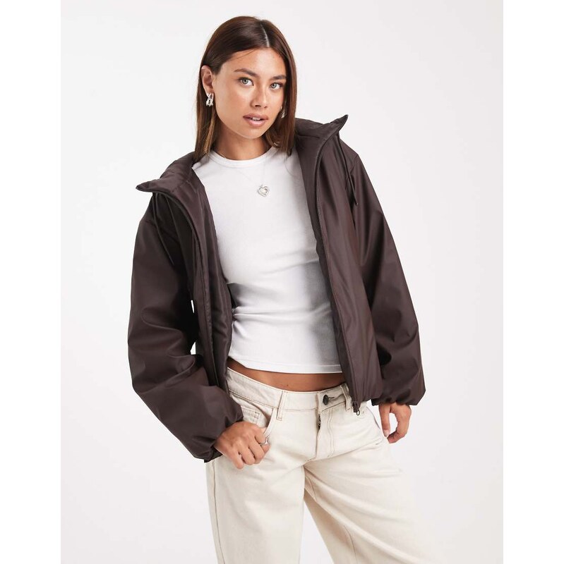 ASOS DESIGN rubberised hooded rainwear bomber jacket in chocolate 107723908