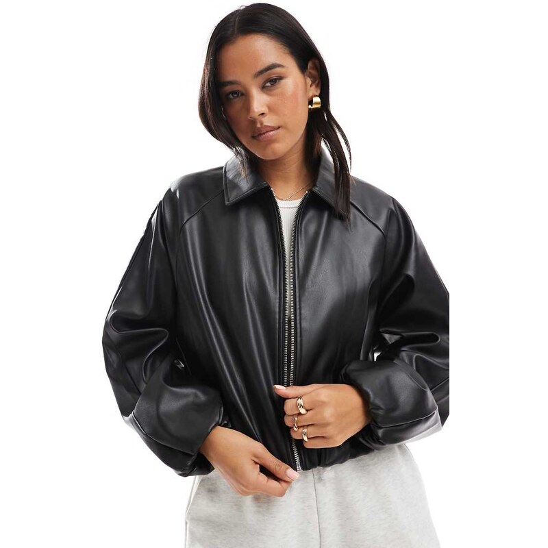 ONLY faux leather cropped bomber in black