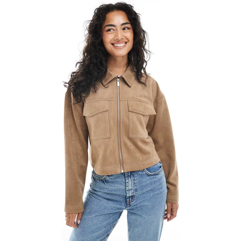 ONLY contrast stitch cropped faux suede jacket in taupe-Brown 107723959