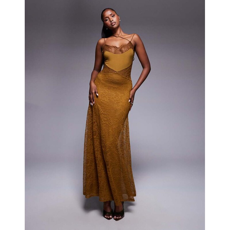 ASOS DESIGN lace maxi dress with asym strapping in bronze-Brown