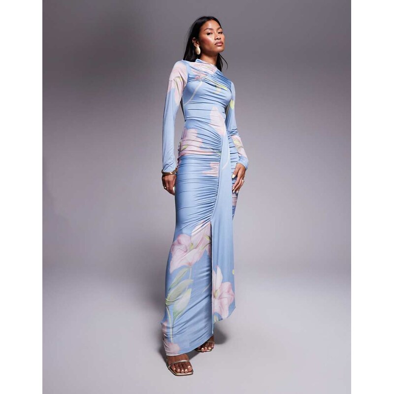 ASOS DESIGN ruched long sleeve maxi dress in floral print-Multi