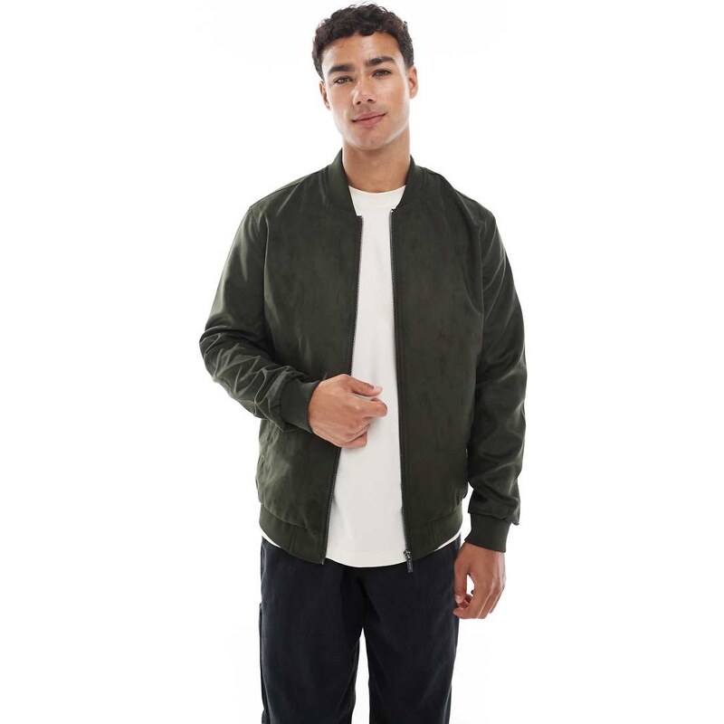 ONLY & SONS faux suede bomber in dark green