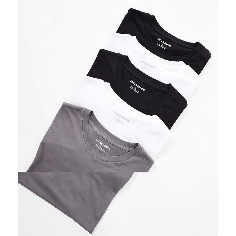 Jack & Jones 5 pack oversized t-shirts in white black & grey