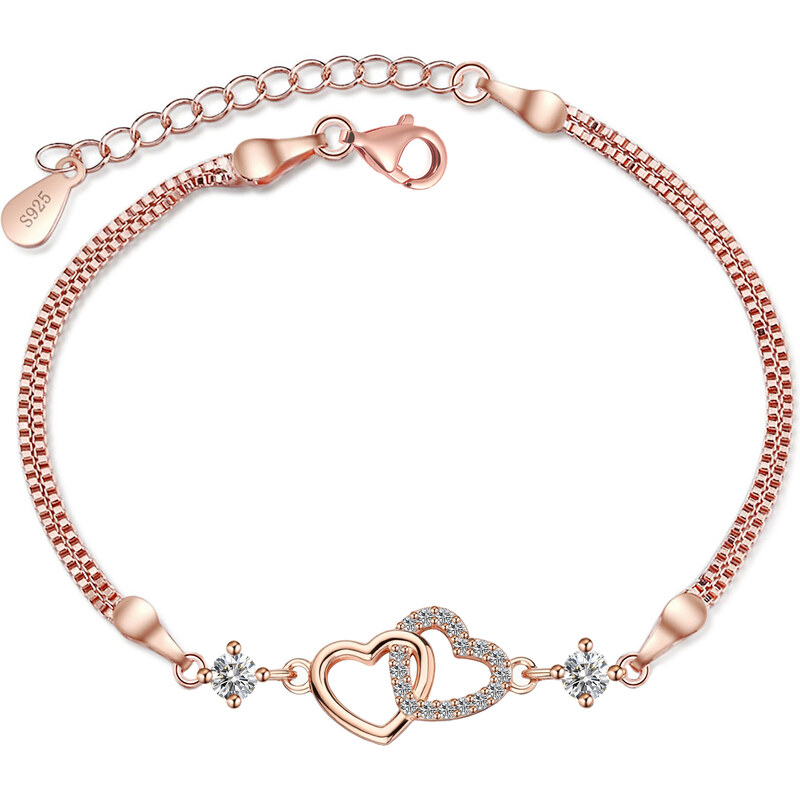 Olivie Stříbrný náramek SPOJENÁ SRDCE MOISSANITE ROSE 9835