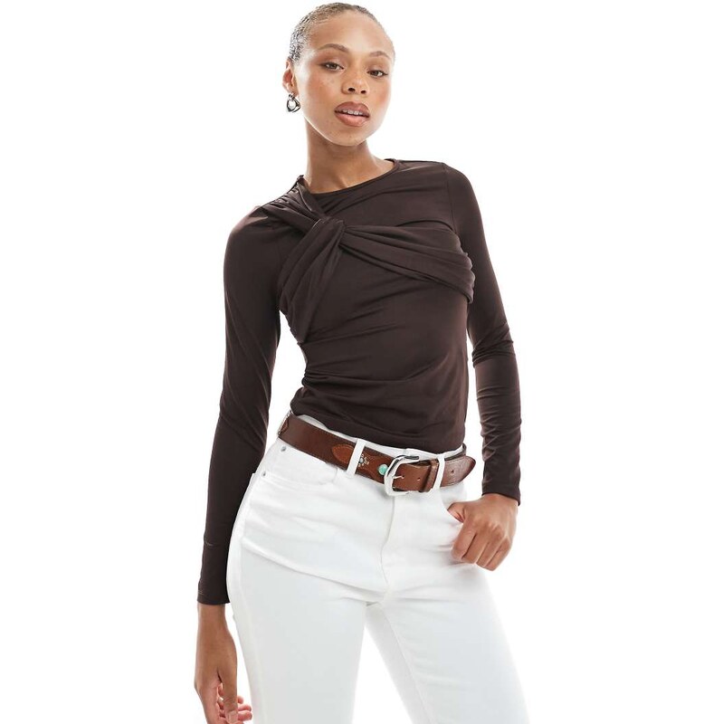 4th & Reckless asymmetric bust detail long sleeve top in chocolate 107726326