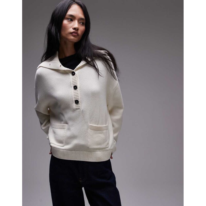 ARKET knitted jumper with large button collar in off white 107726371