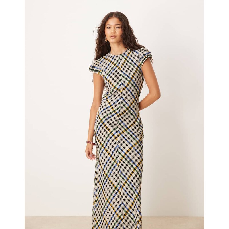 ASOS DESIGN cap sleeve maxi dress in black check-Multi