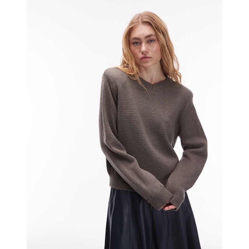 ASOS DESIGN knitted high v neck jumper with shoulder pads in grey 107727289