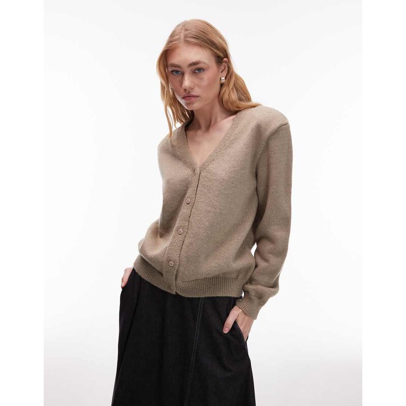 ASOS DESIGN knitted v neck cardigan with shoulder pads in mocha-Brown 107727287