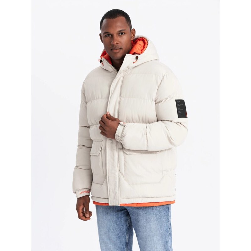 Ombre Clothing Pánská jpopelavá zimní bunda s výraznými prvky V1