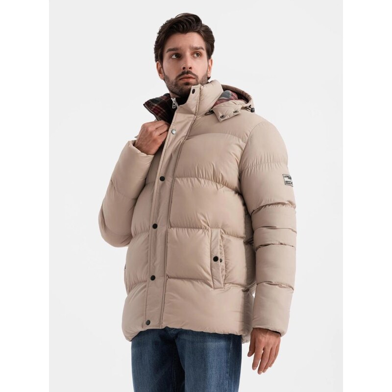Ombre Clothing Zimní béžová bunda s kostkovanou podšívkou V2