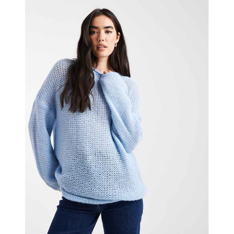 ASOS DESIGN knitted relaxed slash neck jumper with rolled edge detail in blue