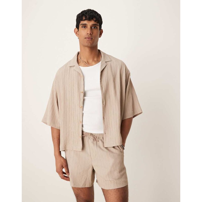ASOS DESIGN co-ord textured boxy oversized revere shirt in beige