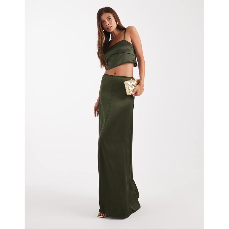 ASOS DESIGN satin co-ord maxi skirt in green-Brown