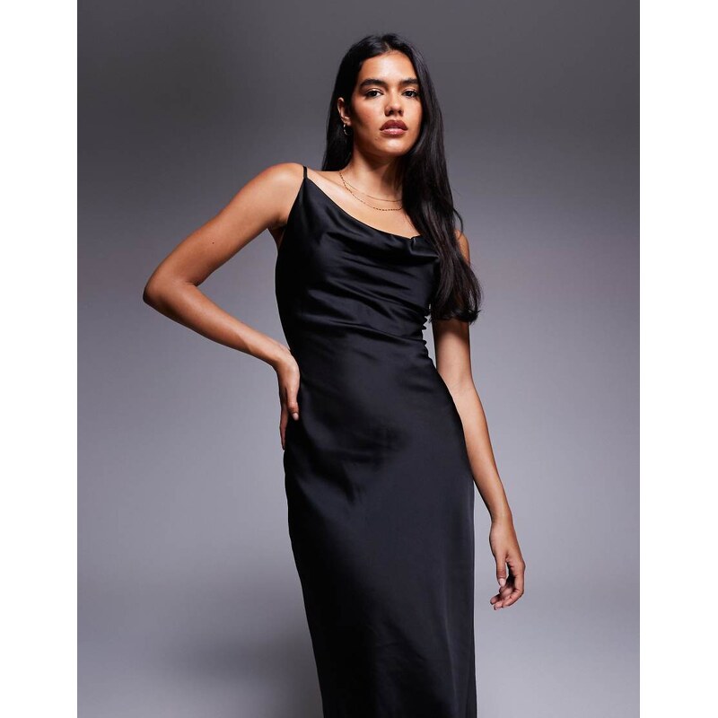 New Look satin cowl neck midi dress in black