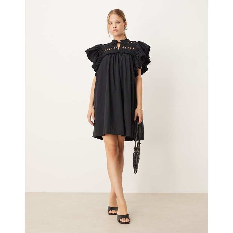 YAS exagerrated frill sleeve mini dress in black 107737876