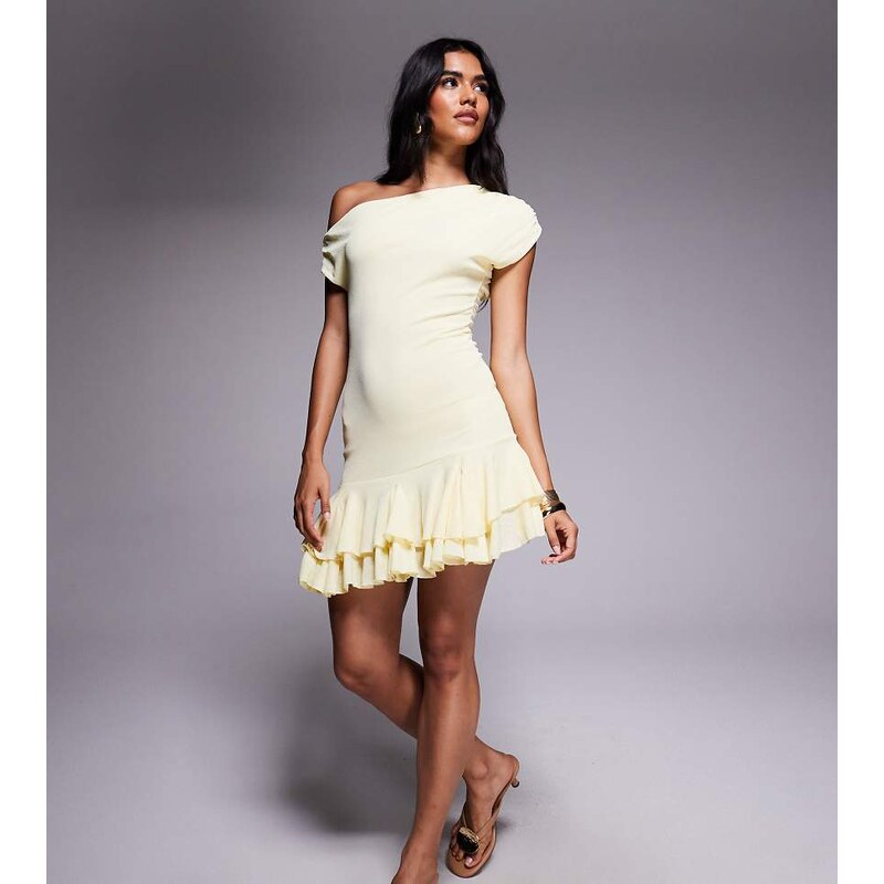 Kaiia exclusive textured mesh drape off shoulder rara hem mini dress 115617851