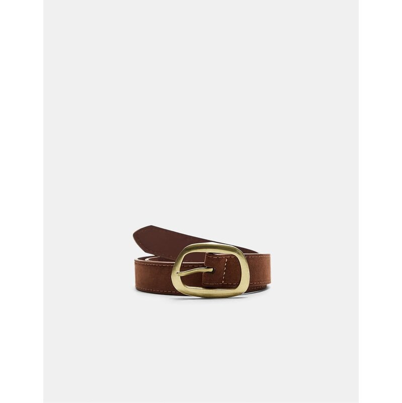 Stradivarius Topstitched belt with asymmetric buckle in brown 107737986