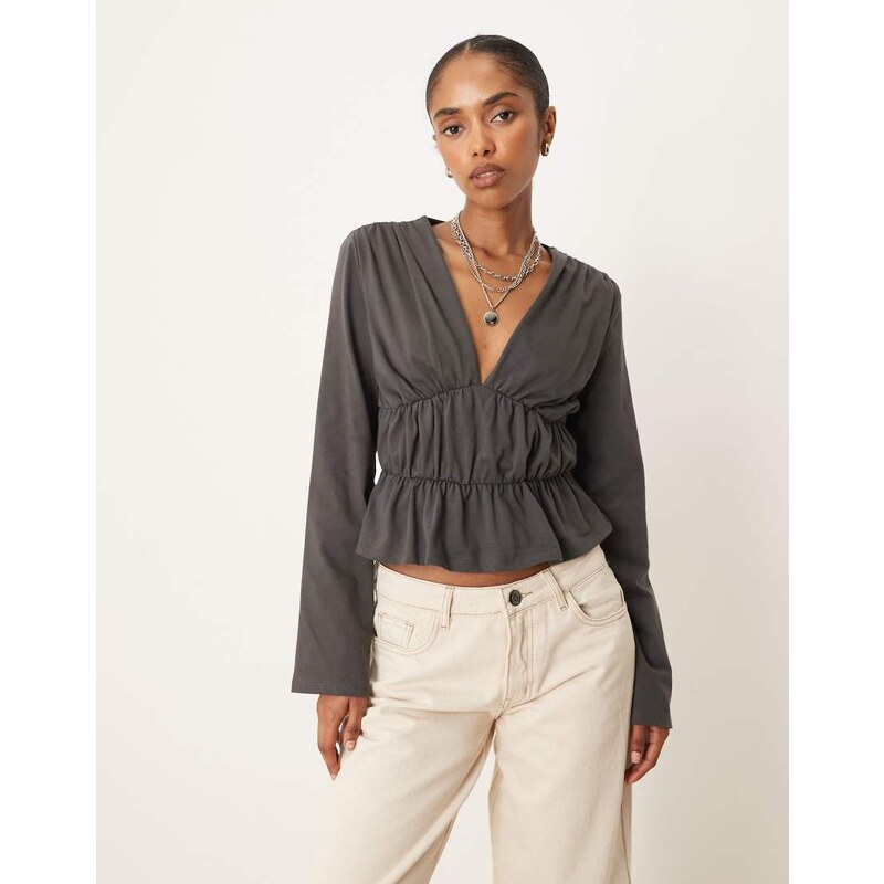 ASOS DESIGN long sleeve tee with ruffle detail in raven-Black