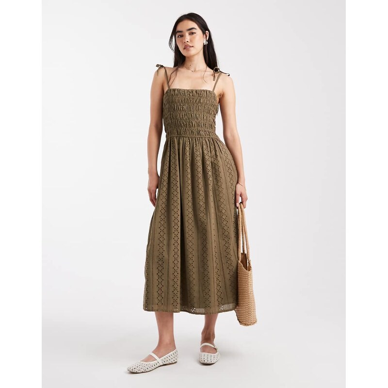 Miss Selfridge strappy broderie maxi dress in khaki-Green