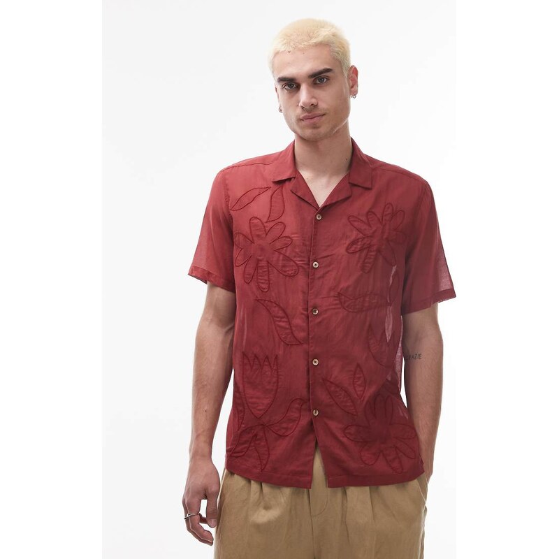 Topman short sleeve sheer embroidered floral shirt in red