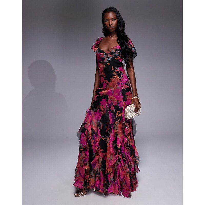 ASOS DESIGN flutter sleeve maxi dress with ruffle godets in dark 108058400