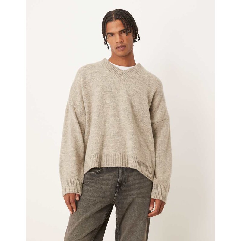 ASOS DESIGN super oversized boxy fit knitted v-neck jumper in taupe-Brown