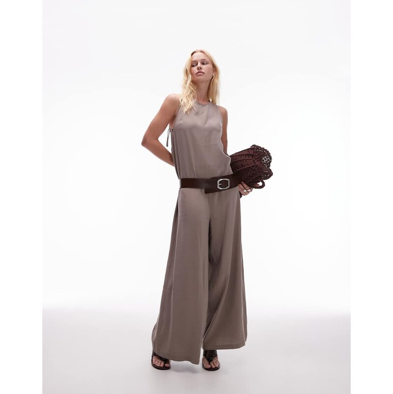 Topshop chuck on boxy jumpsuit in brown cupro 108172726