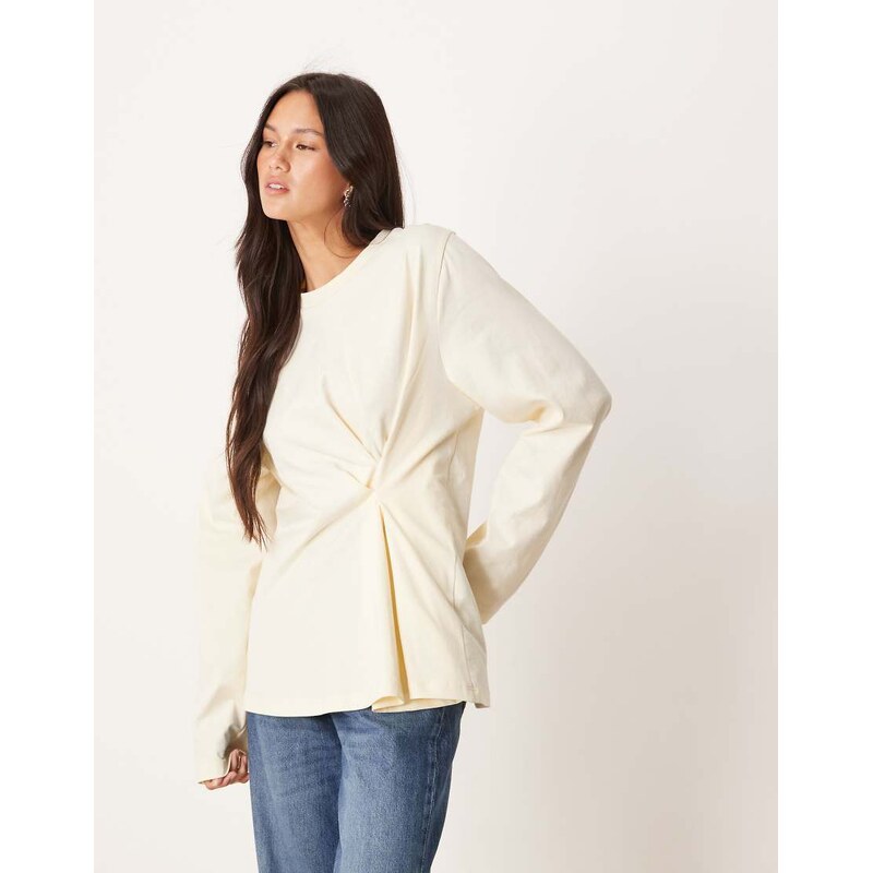 ASOS DESIGN tuck detail long sleeve tee in cream-White