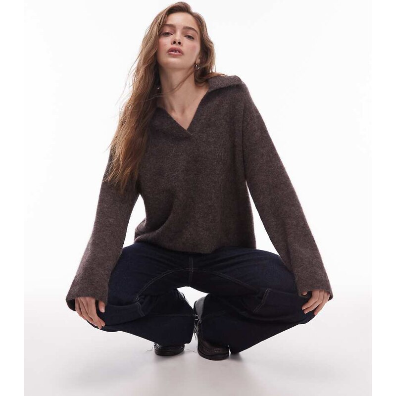 ARKET alpaca wool blend knitted jumper with polo collar in brown