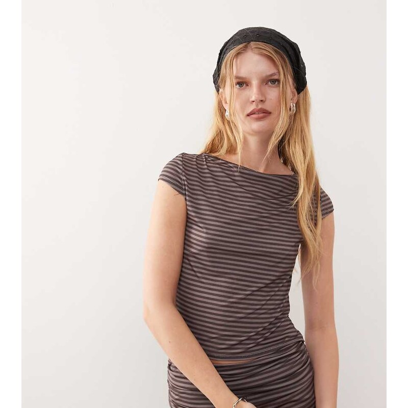 COLLUSION slash neck cap sleeve t-shirt in chocolate stripe