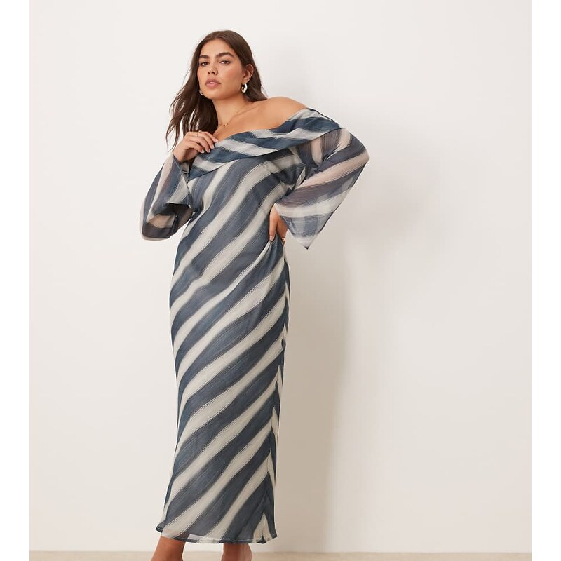 ASOS Curve ASOS DESIGN Curve fold over bardot midi dress in blue 112733156