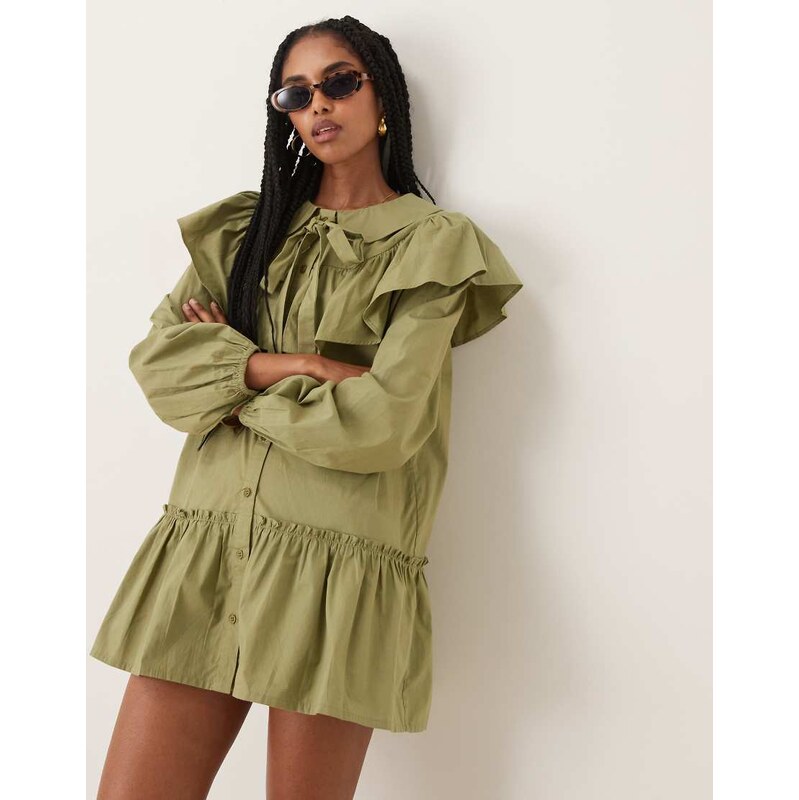 Neon Rose ruffle collar smock dress in olive-Green