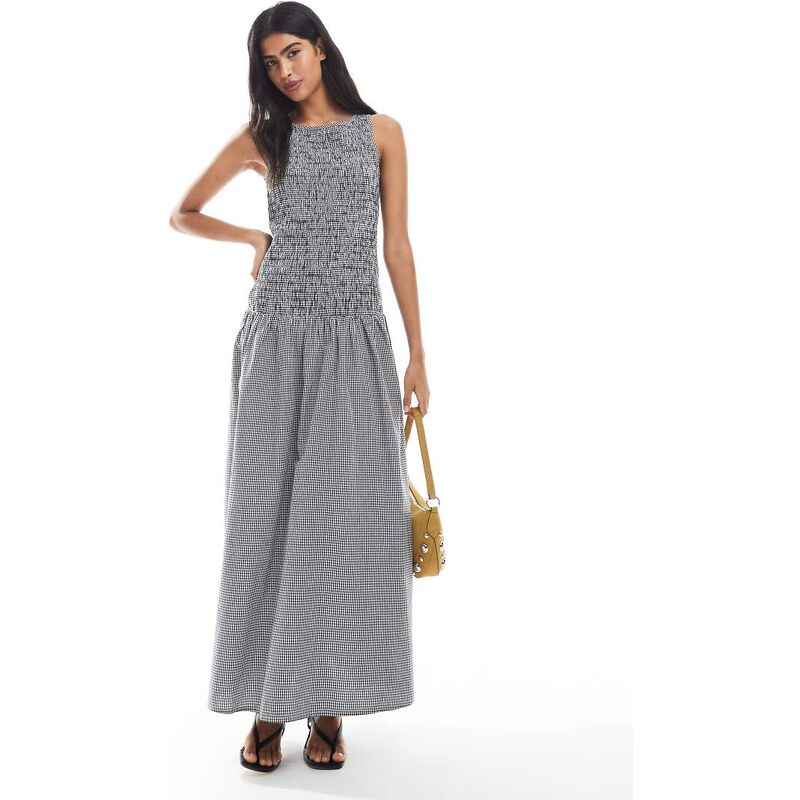 ONLY dropped waist shirred maxi dress in black gingham