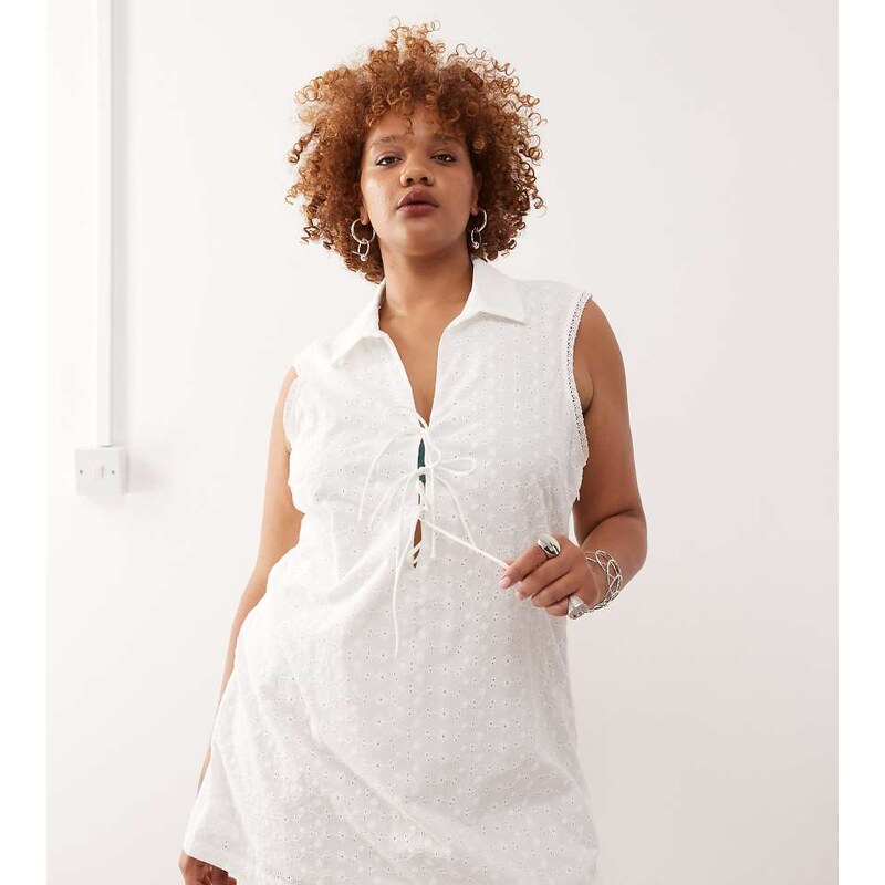 Noisy May Curve tie front broderie polo dress in white 107743782
