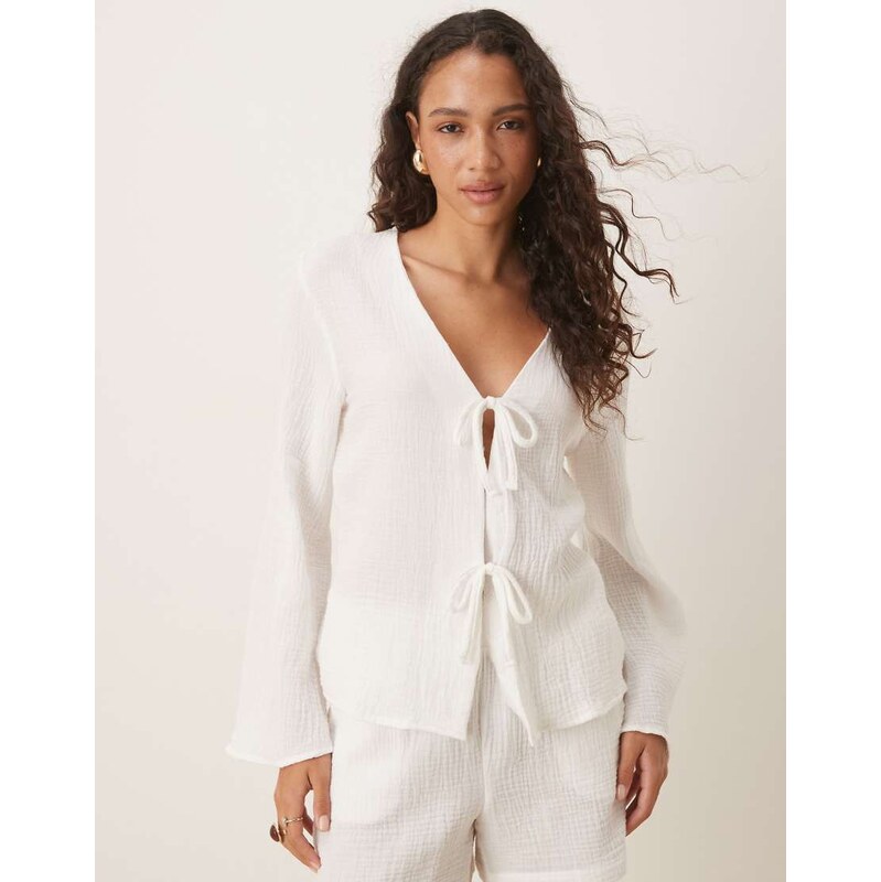 JDY tie front cheesecloth shirt co-ord in off white