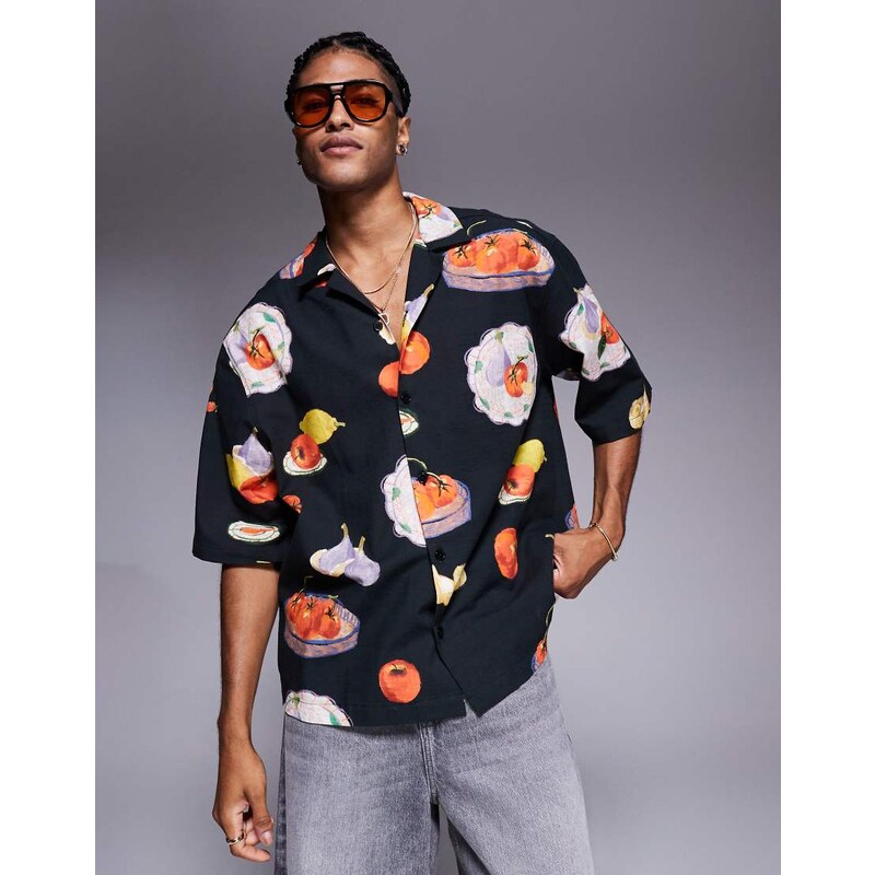 ASOS DESIGN boxy oversized revere printed shirt in black